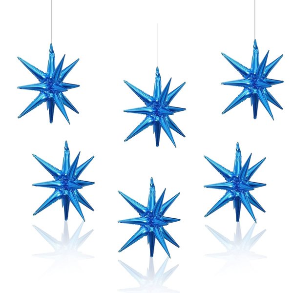 6 Pcs Blue Star Foil Balloons One-Piece 14-Pointed Star Balloons 4D Starburst Cone Mylar Balloons 22inch Christmas Birthday Wedding Wedding Anniversary Party Supplies(Blue)
