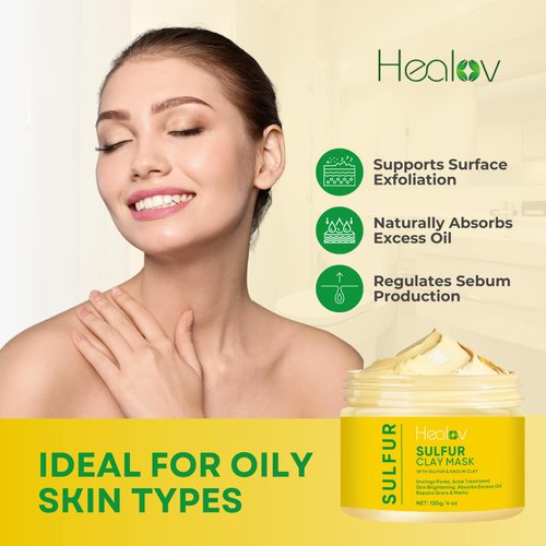 Healov Sulfur Face Mask – All Natural Sulfur Facial Clay Mask – Glowing Skin Mask For Acne, Spots, Oily Skin – Sulfur Acne Mask Absorbs Excess Oil and Unclogs Pores – Sulfur Mask Skincare