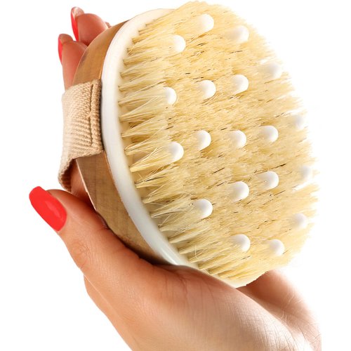 Dry Brushing Body Brush (Reduce Cellulite) Dry Brush for Cellulite and Lymphatic Drainage, Exfoliating Brush with Soft Massage Nodules, Shower Brush Body Scrubber 100% Natural Bristle Brush