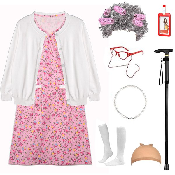Aimeiar Kids 100 Days of School Costume for Girls,Halloween Old Lady Costume Wig Cardigan Sweater and Granny Grandma Set for Child