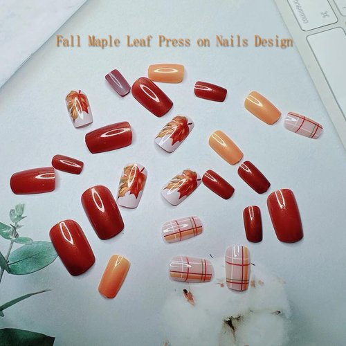 Thanksgiving Fall Press on Nails Medium Square Fake Nails Maple Leaf Orange Glitter Plaid Acrylic Nails Press ons Cute Autumn Leaves Design Full Cover Fall Coffin False Nails Stick on Nails for Women
