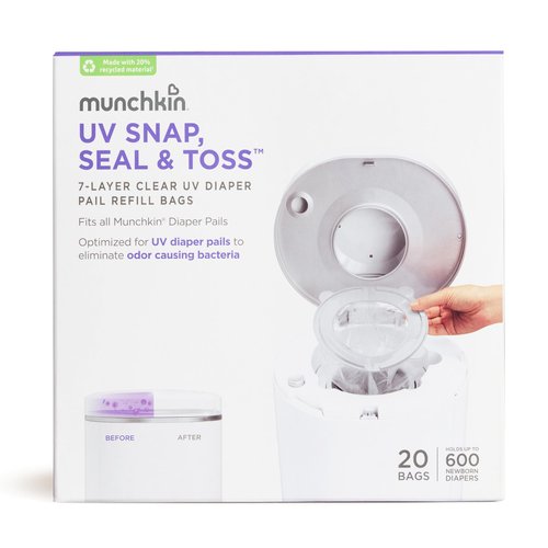 Munchkin® UV Snap, Seal & Toss™ Diaper Pail Refill Bags, Holds up to 600 Newborn Diapers, 20 Pack