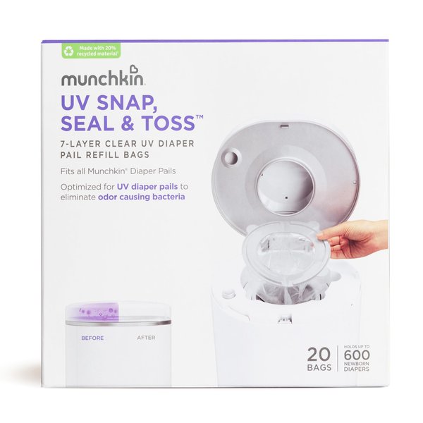 Munchkin® UV Snap, Seal & Toss™ Diaper Pail Refill Bags, Holds up to 600 Newborn Diapers, 20 Pack