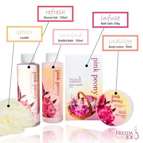 Home Spa Gift Basket Peony Spa Set For Women, Contains Shower Gel, Bubble Bath, Body Lotion, Peony Bath Salt & Puff in a Pink Feminine Tub