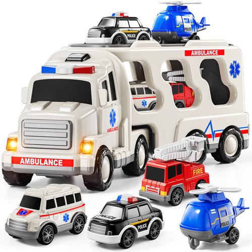 JUKUDAHU 5-in 1 Play Ambulance Toy Vehicle Toddler Truck Toys for 3 4 5 6 7 Year Old Boys - Friction Power Cars with Light and Sound, Police Car, Fire Truck, Ambulance Car, Birthday Gifts for Kids