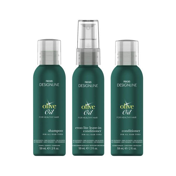 Olive Oil Shampoo and Conditioner Travel Set, Trio Kit - Regis DESIGNLINE - Convenient Mini Size, Restores Dry and Damaged Hair without Build-Up and Protects Against Damage, Dryness, and Color Fading