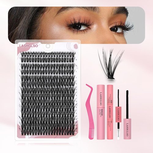 Lash Extension Kit DIY Lash Clusters Eyelash Extension Kit 9-16mm Individual 280pcs Lashes Kit with Lash Bond and Seal Lash Tweezers for Self Use (40D, 0.07D, 9-16mm, Kit) (PINK)