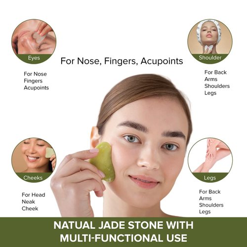 mars by GHC Face Massager Gua Sha, Natural Jade Stone, Reduces Puffiness & Wrinkles, Improves Skin Elasticity Green