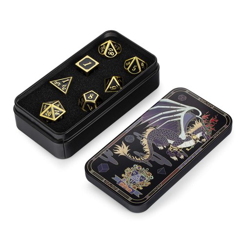 DNDND Metal Dice Set D&D, 7 die Metal Polyhedral Dice Set with Gift Metal Box and Gold Number for DND Dungeons and Dragons Role Playing Games (Black and Gold)