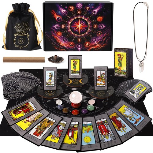 Erbacan Tarot Cards Deck for Beginners, 16pc Witchcraft Spell Kit,Tarot Cards with Meanings on Them- Quartz Crystal Ball,Incense Holder (Witchcraft Supplies kit Clearance)