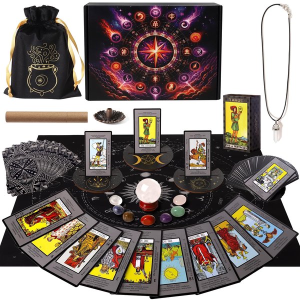 Erbacan Tarot Cards Deck for Beginners, 16pc Witchcraft Spell Kit,Tarot Cards with Meanings on Them- Quartz Crystal Ball,Incense Holder (Witchcraft Supplies kit Clearance)