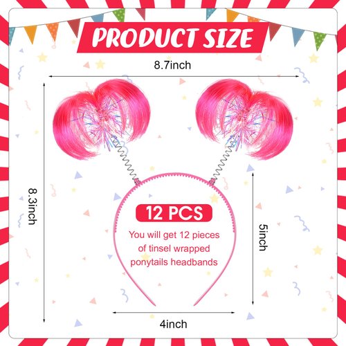 Jexine 12 Pieces Tinsel Wrapped Ponytails Headbands Headwear Feathers Head Bopper for Women Girls Hair Costume Accessories(Pink)