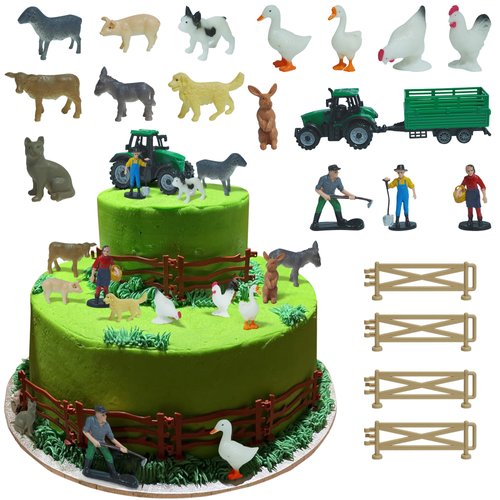 20PCS Mini Farm Cake Topper Set, Tree Animal Tractor Cake Topper for Boy Girl Birthday Party Decorations