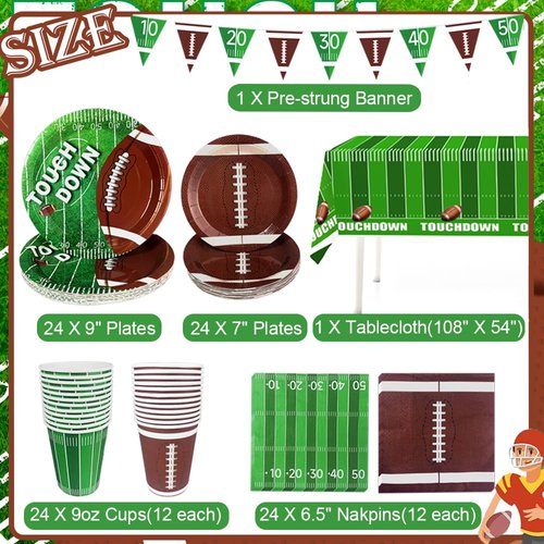 Football Party Supplies - 98pcs Football Themed Party Decorations Including Plates, Napkins, Cups, Banner and Touchdown Tablecloth for Football Birthday Party Decorations, 24 Guests