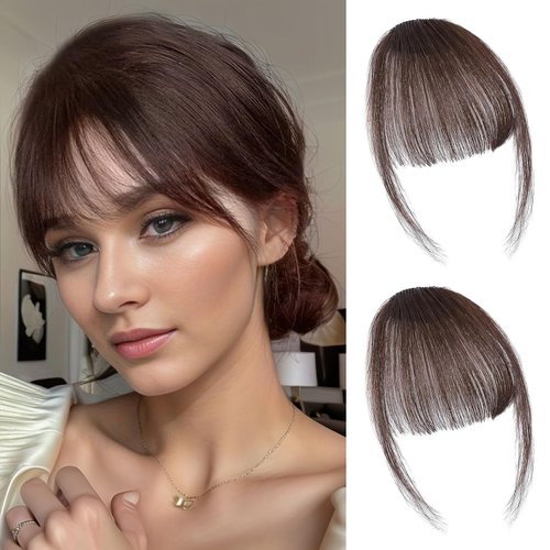 Gx Beauty Clip in Bangs 100% Human Hair Bangs Women Air Thinning Curtain Flat Fake Bangs Hair Clip Wispy Bangs Fringe with Temples Hairpieces for Daily Wear(Dark Brown)