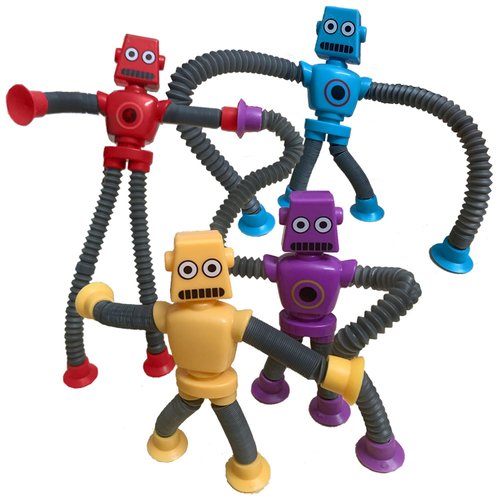 Pop Tubes Robot Toy, 4 Packs Fidget Toys Telescopic Suction Cup Robotics Autism Sensory Toys for Classroom Treasure Box Back to School Toys for Kids Preschool Stretchy Robots Party Favors