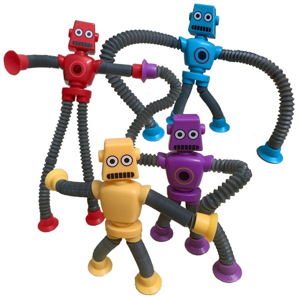 Pop Tubes Robot Toy, 4 Packs Fidget Toys Telescopic Suction Cup Robotics Autism Sensory Toys for Classroom Treasure Box Back to School Toys for Kids Preschool Stretchy Robots Party Favors