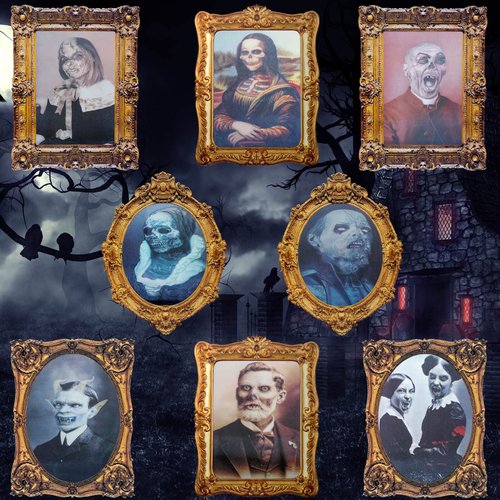 Cindeer Halloween 3D Changing Face Moving Picture Frame Scary Decor Spooky Ghost Portrait Halloween Wall Decoration for Window Wall Halloween Party Haunted House(Nice Style, 8 Pcs)