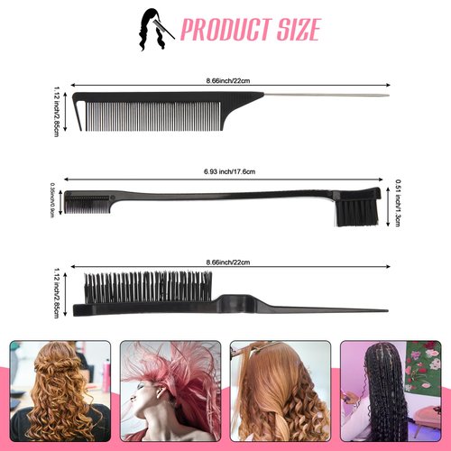 WOWANGEL 4PCS Hair Styling Set - Teasing Brush, Rat Tail Comb, Dual Edge Brush for Brushing, Combing, and Slicking, with Elastic Band - Black