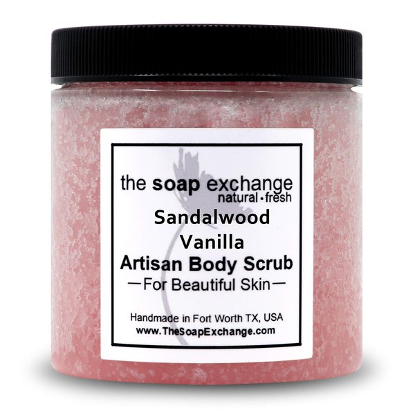 The Soap Exchange Sugar Body Scrub - Sandalwood Vanilla Scent - Hand Crafted 8 fl oz / 240 ml Natural Artisan Skin Care, Shea Butter, Exfoliate, Moisturize, & Protect. Made in the USA.