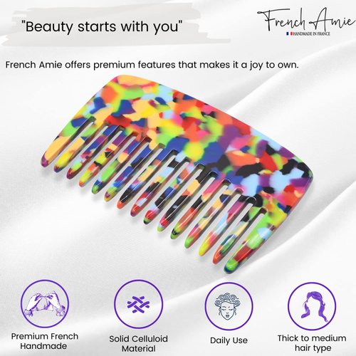 French Amie Pocket Comb Multicolor Small 4 Inch Cellulose Handmade Smooth Tip Wide Tooth Non Static Hair Comb