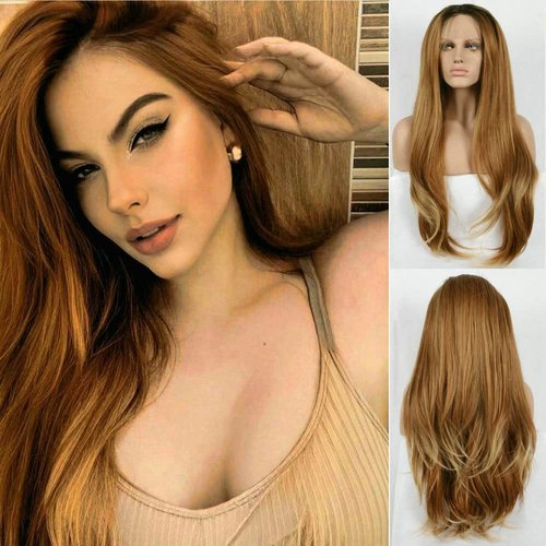 Yinuozhogntian Natural Long Straight Wig Brown Blonde Synthetic Lace Front Wigs for Women Natural Brown Blonde Ombre Replacement Glueless Wigs Drag Queen Heat Resistant 26 Inches