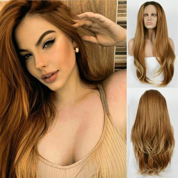 Yinuozhogntian Natural Long Straight Wig Brown Blonde Synthetic Lace Front Wigs for Women Natural Brown Blonde Ombre Replacement Glueless Wigs Drag Queen Heat Resistant 26 Inches