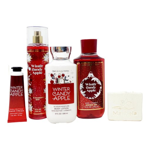 Bath & Body Works Winter Candy Apple - Deluxe Gift Set - Fine Fragrance Mist, Shower Gel, Body Lotion and Hand Cream with a Natural Oats Sample Soap.