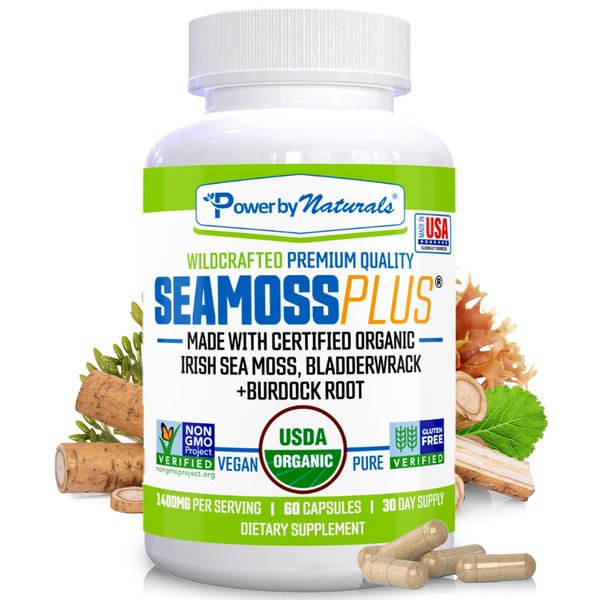 Power By Naturals Sea Moss Plus - USDA Certified Organic Irish Sea Moss Capsules w/Wild Harvested Irish Seamoss, Bladderwrack & Burdock Root Immunity Supplement Sea Moss Pills for Adult 60Ct - 1 Pack