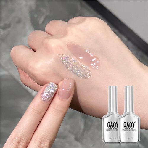 GAOY Jelly Gel Nail Polish, 16ml 2 Colors 2228 2229 Nude Glitter Soak Off UV Gel Polish Set for N...