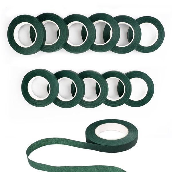 DF DUALFERV 12 Rolls Dark Green Floral Tape Stem Wrap, 1/2" Wide Flower Tape for Bouquets, 30 Yards Floral Tape for Fresh Flowers for Flower Arranging, Wreath Making, Wedding Bouquets