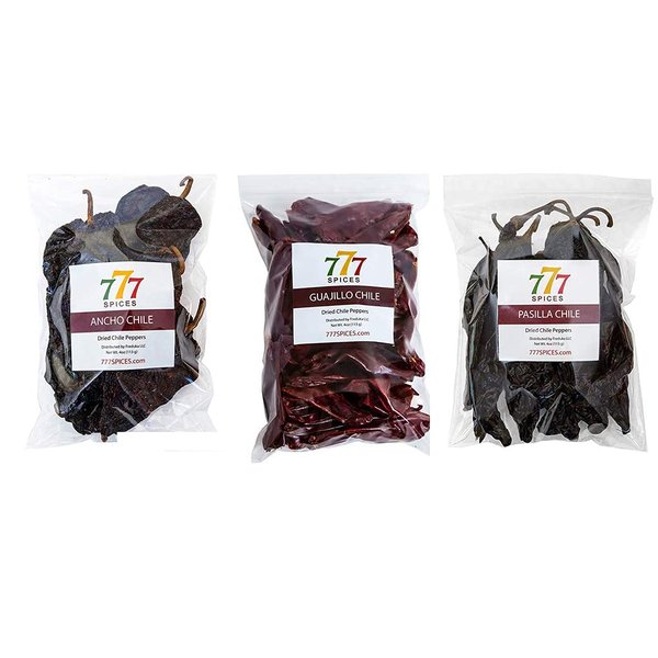 Mexican Chiles 3 Pack Guajillo, Ancho and Pasilla 4oz each, Natural Whole Dried Chili Peppers, Intense Taste and Flavor, 4 oz per Bag. Heat-Sealed Resealable Bag, Chile Seco