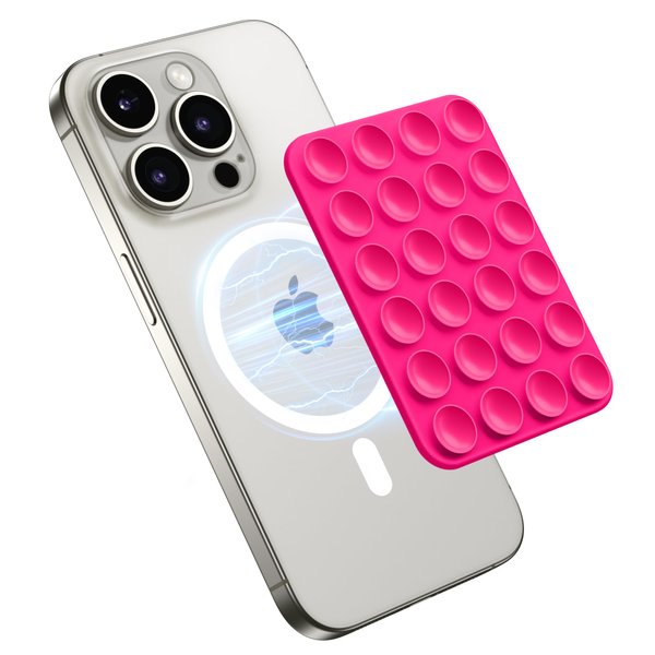 GONEZ Magnetic Suction Cup Phone Mount, Hands-Free Silicone Phone Grip Holder Compatible with iPhone MagSafe Phone Case, Mirror Shower Phone Stand for iPhone and Android,Selfies and Videos,Hot Pink