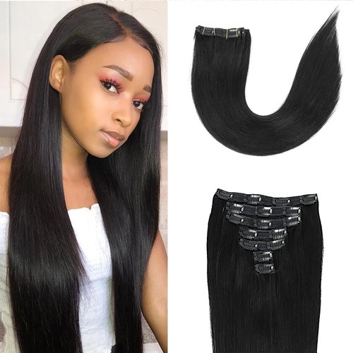 Clip in Hair Extensions Jet Black Straight Remy Hair Clip Ins For Women 8 Pieces 130G Silky Straight Double Weft Remy Hair Extensions Clip on 20 Inch