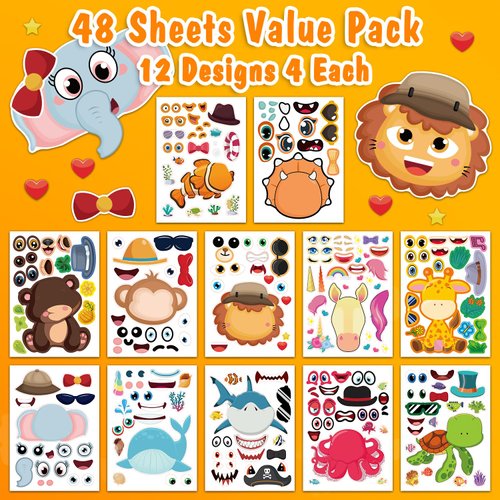 Aowplc 48 Sheets Make-a-Face Animal Stickers Mix and Match for Kids Party Favors Supplies Activities Crafts
