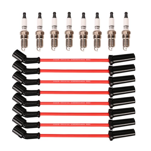 Spark Plug Wires Set 9748HH 8.0mm Red + 41-962 Spark Plugs Compatible with Cadillac Escalade, Chevy Silverado Suburban Tahoe GMC Sierra Yukon 16-Pack