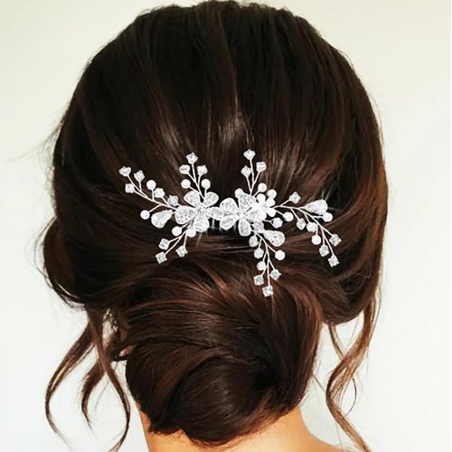 Generic Bridal Wedding Hair Comb for Women Rhinestone Preal Combs Flower Leaves Silver Vine Hairpiece Elegant Handmade Gift for Women Girls, Medium