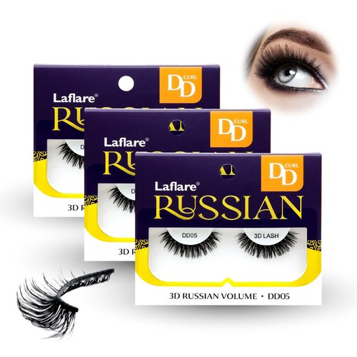 Laflare 3D False Eyelashes Russian Volume Strip Lashes | Fluffy, Wispy, Lightweight | Faux Mink Eyelashes Extension D Curl Wispy Handmade Soft Reusable 3 Packs Value Combo. (FDD05X3C)