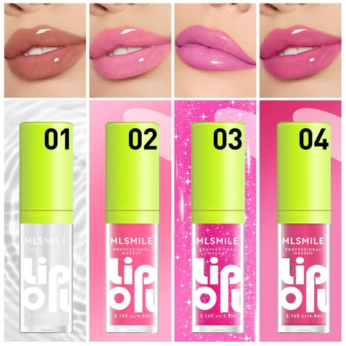 4 Colors Fat Lip Oil Set, Big Brush Head Hydrating Lip Glow Oil Lip Plumper Gloss, Shiny Transparent Lip Gloss Tinted Plumping Lip Oils, Non-sticky Long Lasting Fresh Clear Smooth Lip Care - A