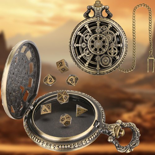Mini DND Dice Set with Steampunk Hollow Gear Pocket Watch Shell Case, 7pcs Polyhedral Metal D&D Dice, DND Gifts with Gift Box for DND Fans, Role Playing Board Games Accessories