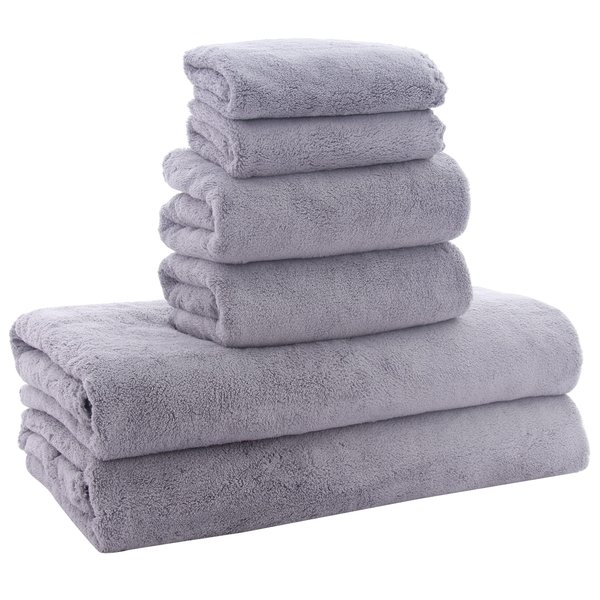 MOONQUEEN Ultra Soft Towel Set - Quick Drying - 2 Bath Towels 2 Hand Towels 2 Washcloths - Microfiber Coral Velvet Highly Absorbent Towel for Fitness, Bathroom, Sports, Yoga, Travel-Grey 6 Pcs