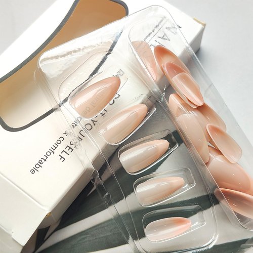 Mkwntg French Tip Press on Nails Medium Length Almond Shaped Fake Nails Glossy Nude Gradient French False Nails Natural Artificial Acrylic Nails Reusable Glue on Nails for Women Girls Daily Wear 24Pcs