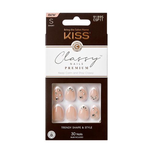 KISS Classy Nails Premium, Press-On Nails, Nail glue included, Prevailing', Light White, Short Size, Almond Shape, Includes 30 Nails, 2G Glue, 1 Manicure Stick, 1 Mini File