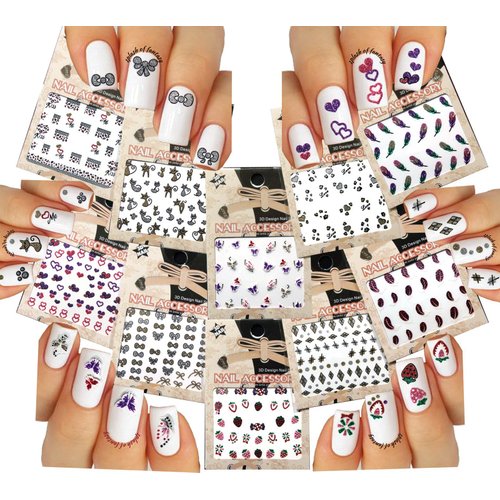 10 Packs Mixed Styles 3D Nail Art Stickers Decals - Feather, Fruit, Butterflies, Hearts, Bows & More for Fingers & Toes