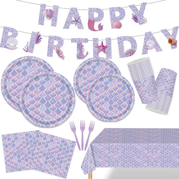 Mermaid Party Supplies, Birthday Decorations for Girls and Boys, Mermaid Tableware Set Serve 25, Includes: Paper Plates, Cups, Napkins, Forks, Tablecloth, and Happy Birthday Banner Beach Theme