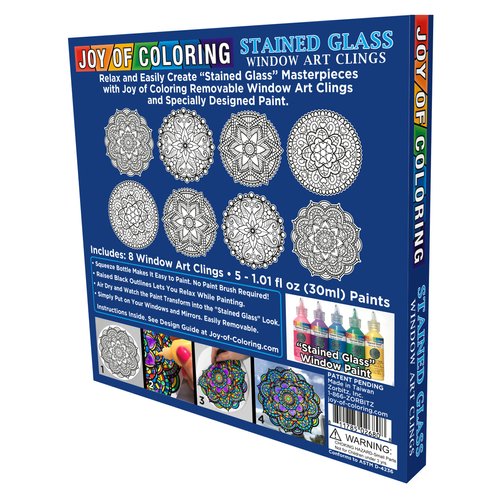 ZORBITZ Joy of Coloring Stained Glass Window Art Clings DIY Kit,8 Clings& 5 Paints,4 Gorgeous,Intricate Mandala Designs,Designed Paint,Removable Clings, Sticks to Any Glass Surface,13 Piece Set,(2680)