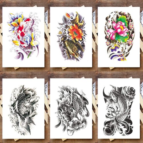 Oottati 6 Sheets 21x15cm Old School Koi Carp Lucky Golden Fish Arm Leg Temporary Tattoo Stickers Perfect for Parties, Events and More