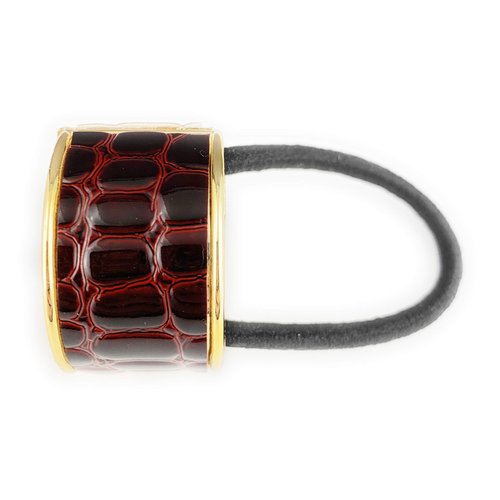 Burgundy ponytail holder cuff faux leather gator print hinged gold hair tie genie gold trim