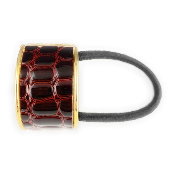 Burgundy ponytail holder cuff faux leather gator print hinged gold hair tie genie gold trim