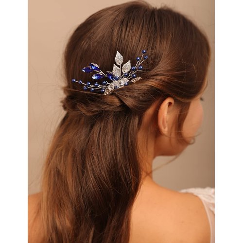YERTTER Wedding Bridal Hair Comb decorative Rhinestone Bride Crystal Leaf Beads Comb Crystal Silver Handmade Updo Comb Clip Head Pieces for Women Flower Girls (Blue)